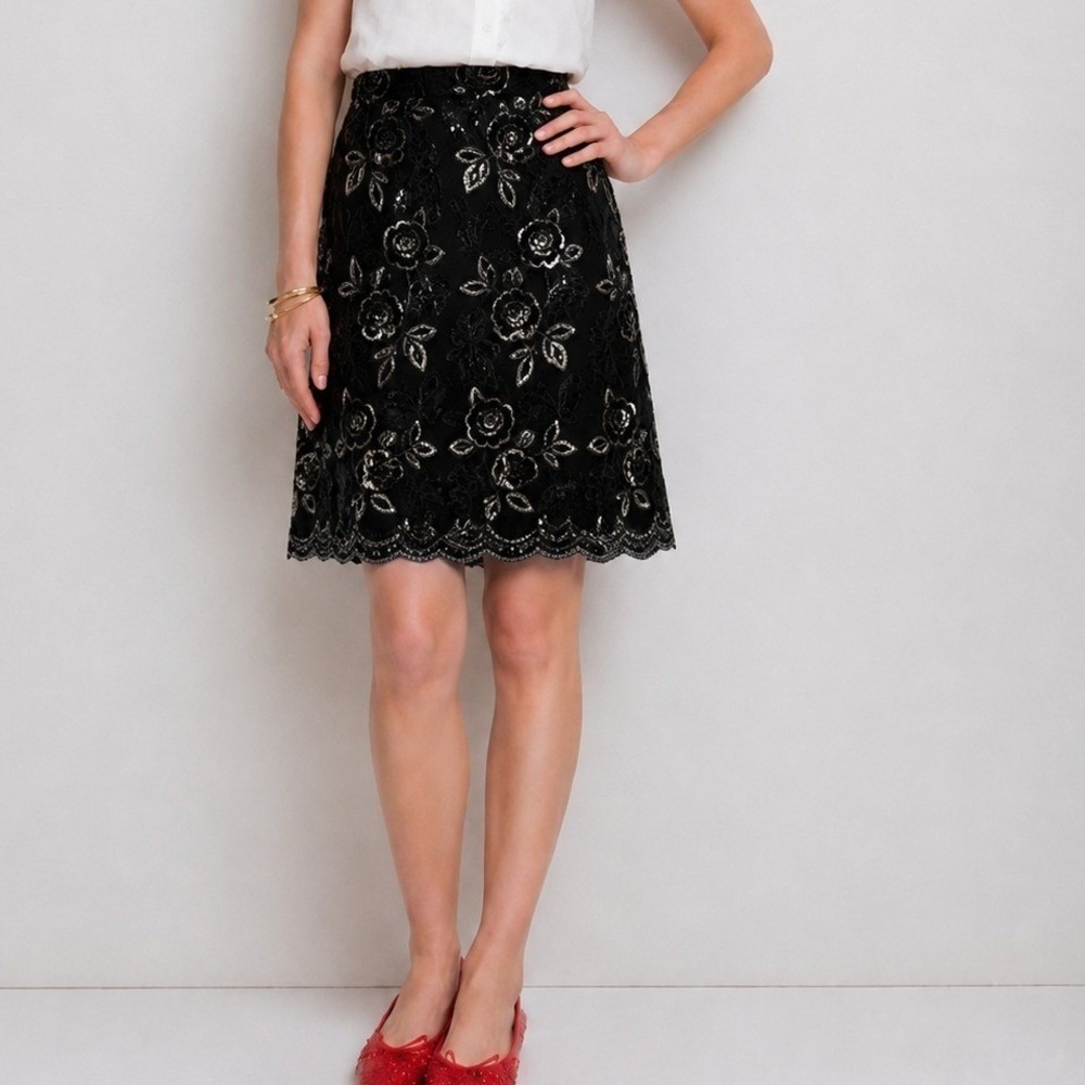Grace Elements Petite Black Mesh Floral Embroidered Sequin Midi Skirt 4P Formal